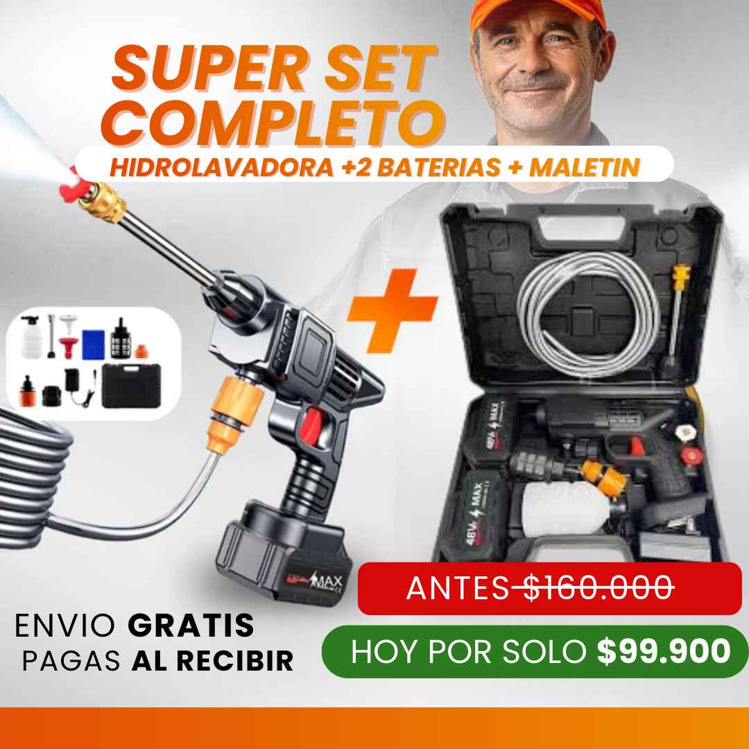(Hidrolavadora Portatil Hidroflash® + Doble Batería + Maletín)Set Completo